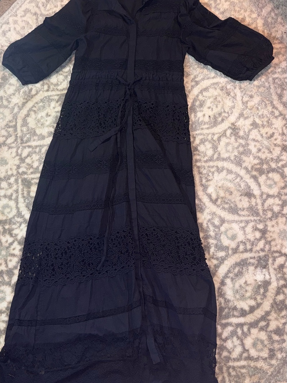 Anthropologie forever that girl Black Lace-Trim button Maxi Dress with Tie Waist